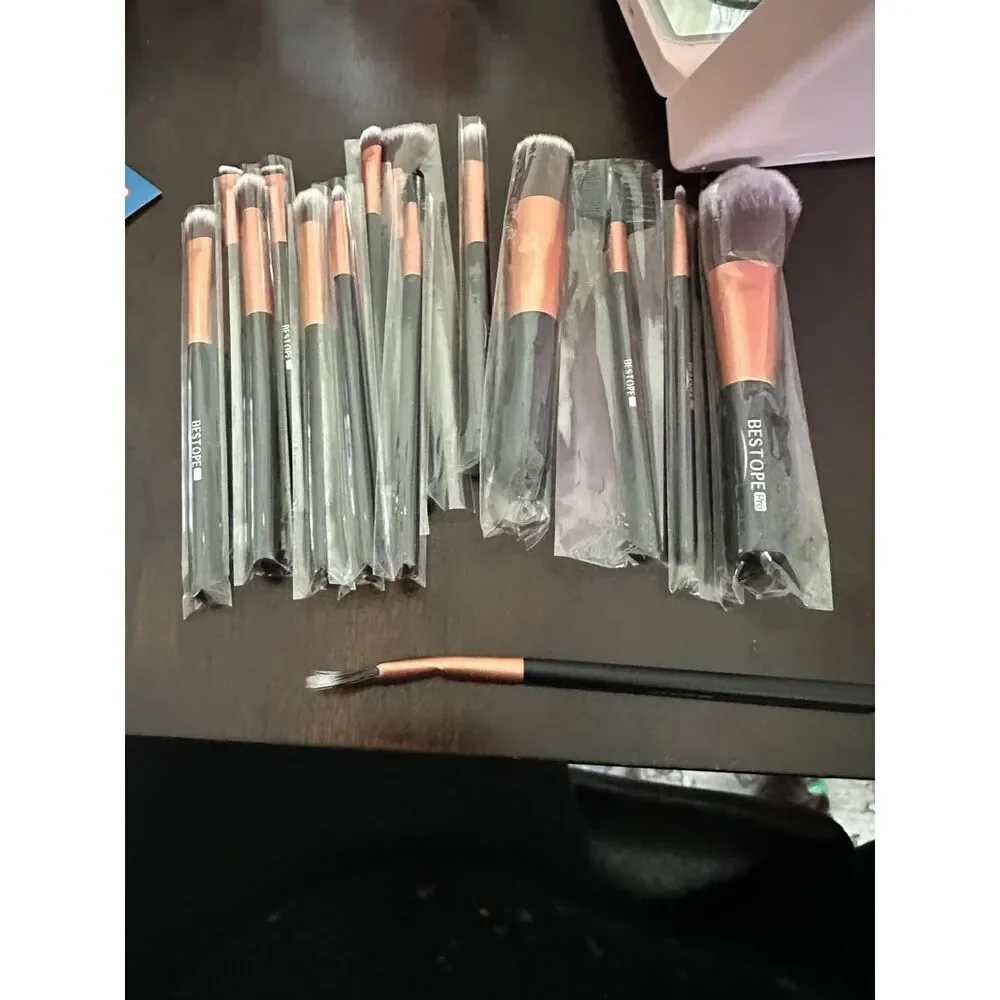20 Pcs Gold Travel Makeup Brush Set With Led Light Mirror Holder & 2 Powder Puff